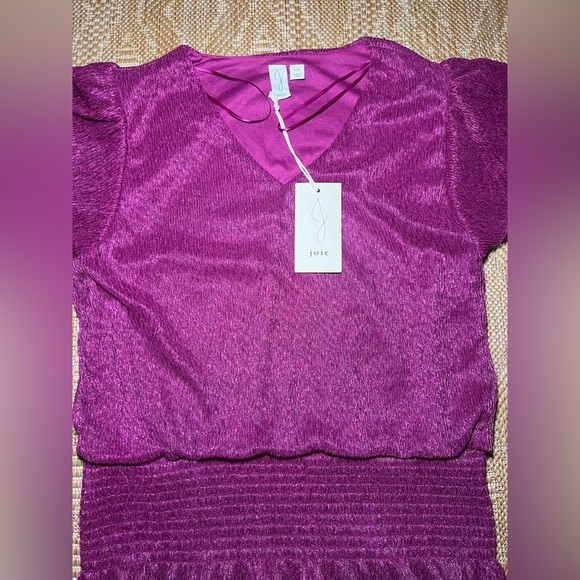 Joie Women Bright Purple Smocked Short Sleeve Top,V Neck,Ruffle Sleeve,SZ L,NWT - Picture 2 of 9